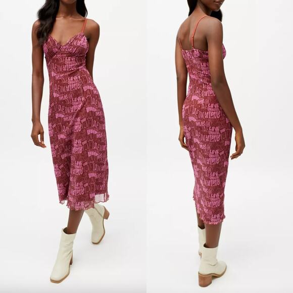 Urban Outfitters Love Printed Midi Slip Dress Red Size Medium - Picture 1 of 10